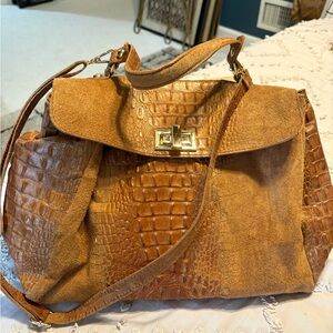 Elegant Tan Crocodile-Embossed Suede Handbag